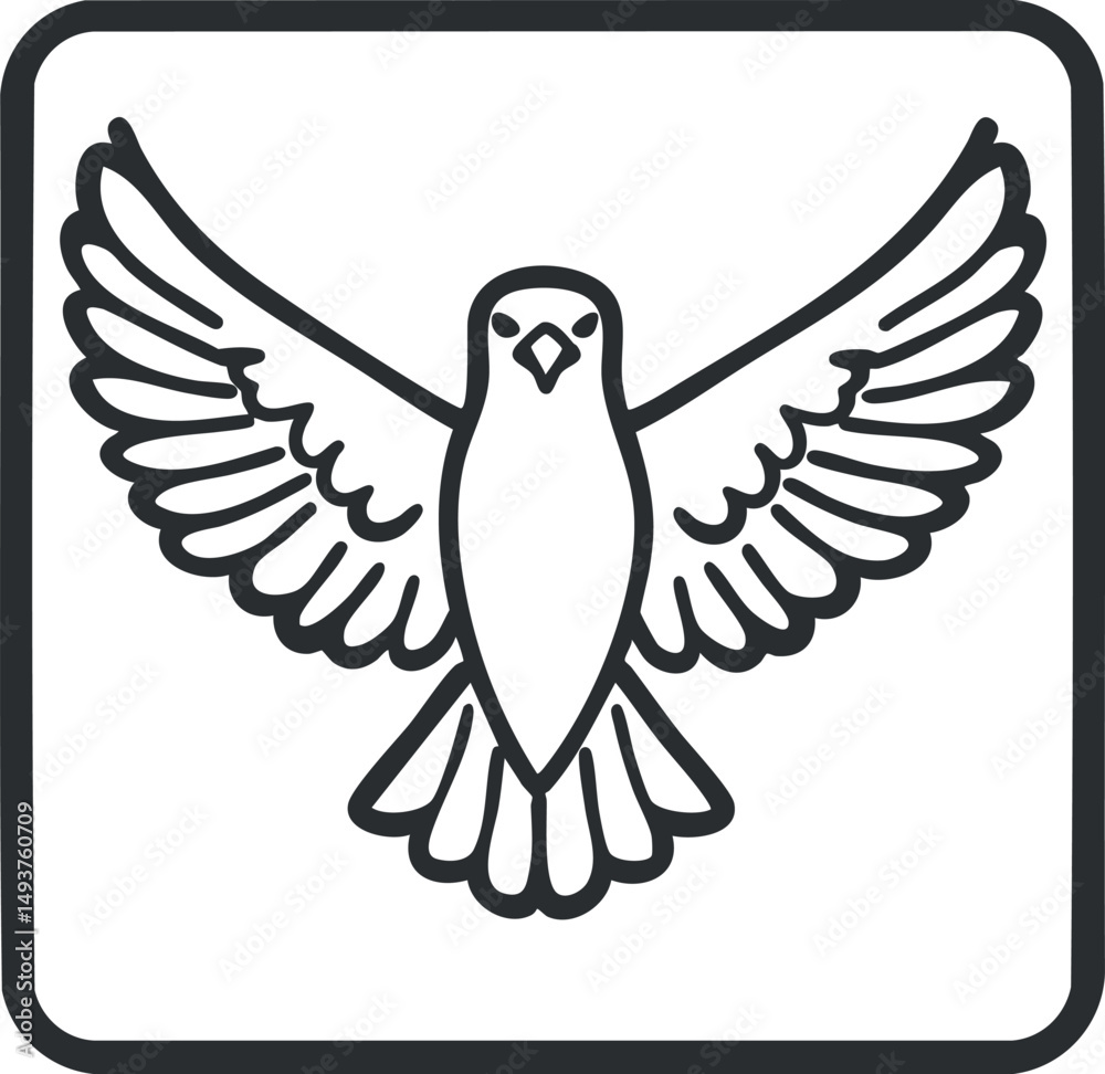 Fototapeta premium Black and white line icon of a dove with wings spread wide inside rounded square frame symbolizing peace and freedom