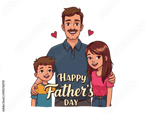 Dad spending time with his son and daughter on Father's Day. Vector art. Text included.