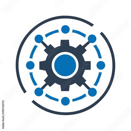 Central gear with connected blue nodes icon