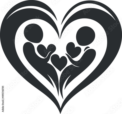 Black and white heart-shaped design featuring mother and child holding hearts symbolizing love and family bond