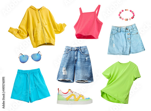 Summer female bright flying clothes set isolated on white, woman's fashion collection.