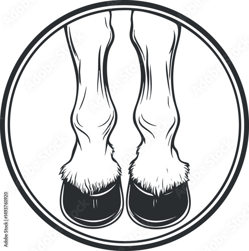 Black and white illustration of a horse's front legs and hooves inside a circular frame