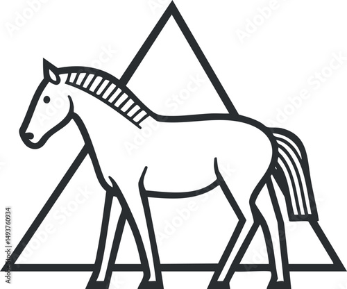 Black and white line art illustration of a horse with a geometric triangle background