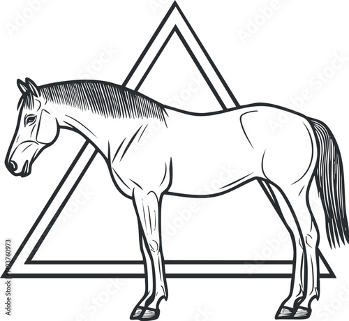 Black and white line drawing of a horse standing in front of a double-lined triangle symbol