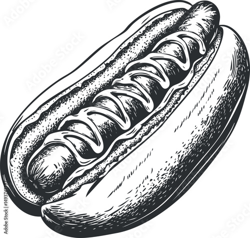 Black and white hand-drawn illustration of a classic hotdog with sausage and mustard in bun