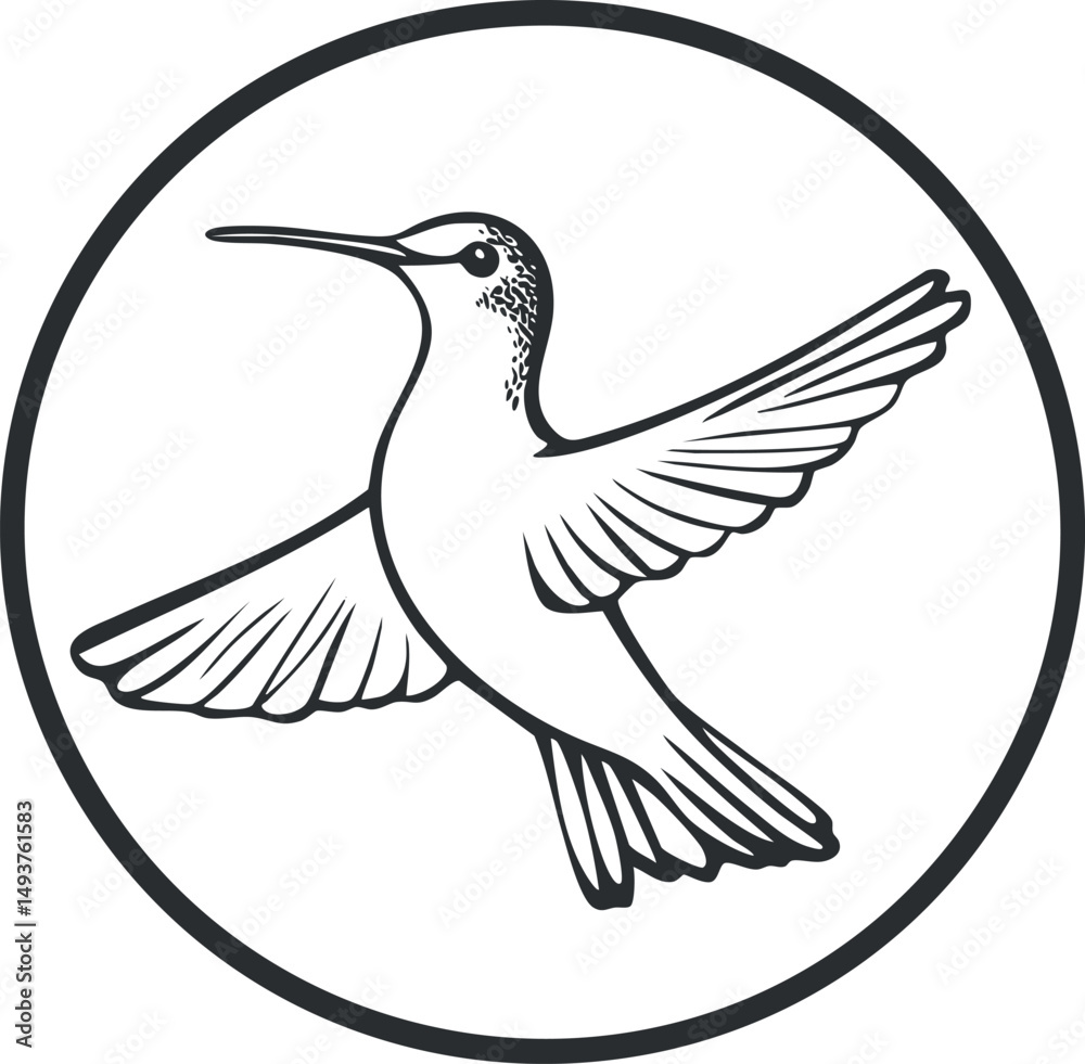 Fototapeta premium Black and white line art illustration of a hummingbird in flight inside a circle outline