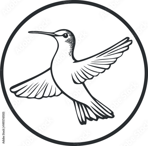Black and white line art illustration of a hummingbird in flight inside a circle outline