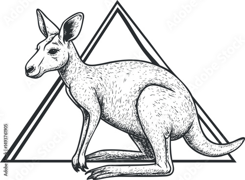 Black and white detailed sketch of a kangaroo with a geometric triangle background