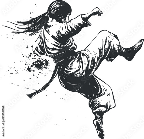 Black and white illustration of a female martial artist performing a flying kick in action