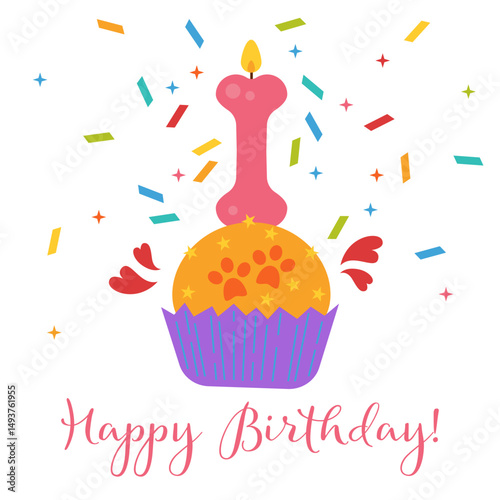 Cupcake, fairy cake, bun, small cake with bone candle. Dogust 1st: Universal Birthday for Shelter Dogs. Birthday party background. Birthday party. Party decoration