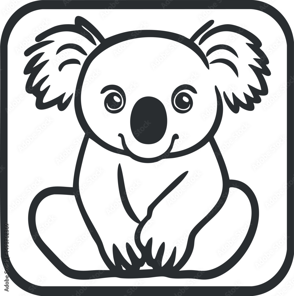 Obraz premium Black and white cartoon illustration of a cute koala sitting with detailed ears and nose