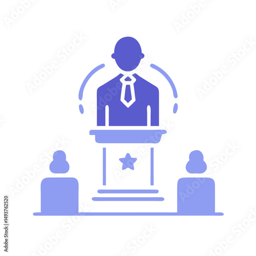 Politician speaking from podium with star and audience icons