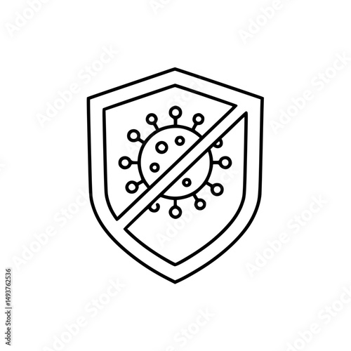 Outline of shield with virus symbol crossed out representing protection, contour icon  
