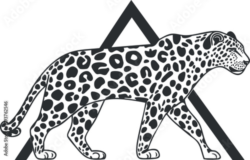 Black and white illustration of a walking leopard with distinct spots and a triangular background shape
