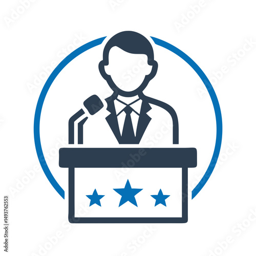 Male speaker in suit at podium with two stars inside circle