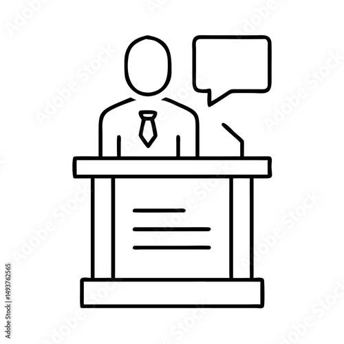 Public speaker with dialogue bubble at podium in outline