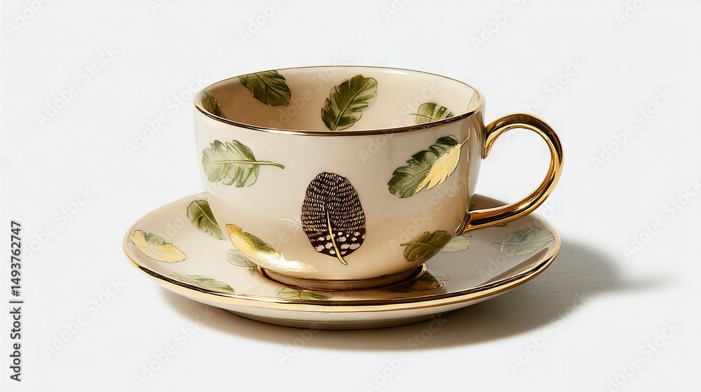 Fototapeta premium A teacup with a saucer featuring a leaf design etched into its interior