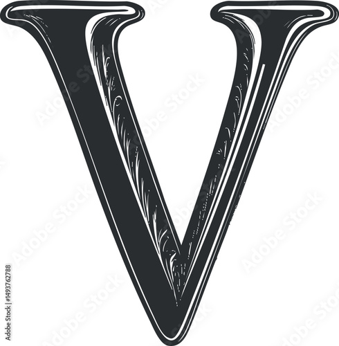 Black and white uppercase letter V in a classic decorative font isolated on white background