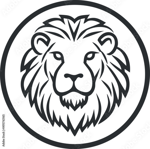 Black and white circular illustration of a lion head with mane symbolizing strength and wildlife