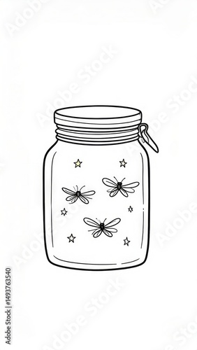 Simple black and white illustration of a mason jar filled with fireflies and stars