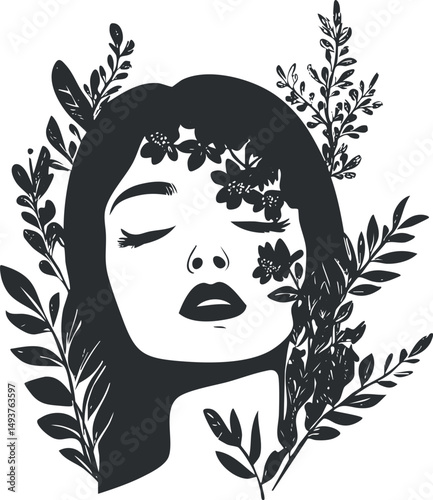 Black and white illustration of a calm woman with closed eyes surrounded by flowers and leaves.