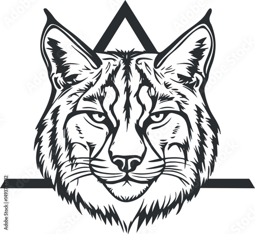 Black and white detailed illustration of a lynx head with a triangular geometric background symbol
