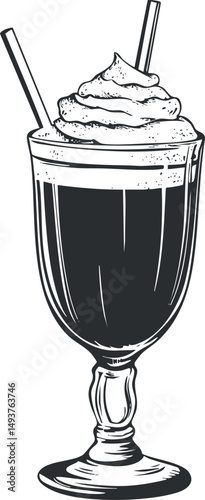 Black and white vintage illustration of a milkshake glass with whipped cream and two straws