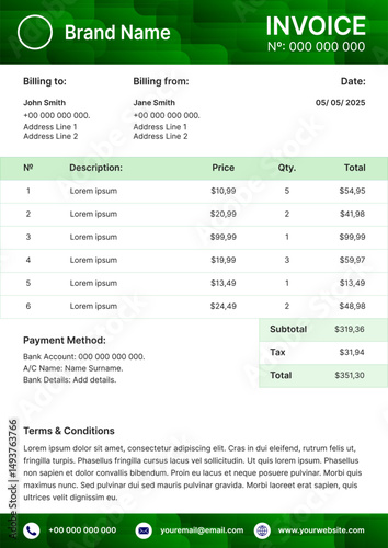 Invoice template. Payment agreement, corporate bill,  receipt. Business template, A4 format ready to print. Green banner with abstract pattern