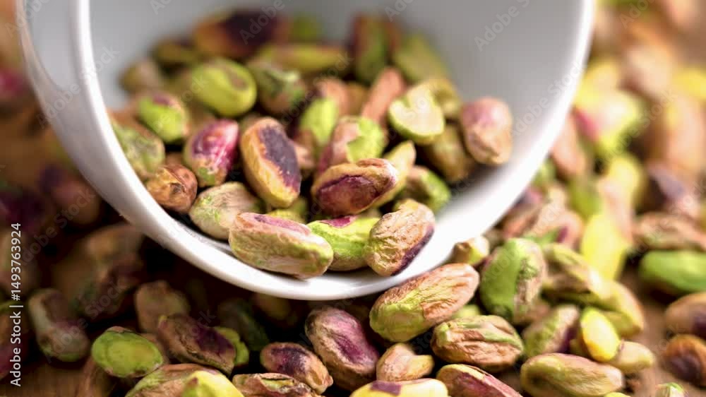 Shelled pistachio nuts falling in slow motion into a fallen white cup. Macro shot