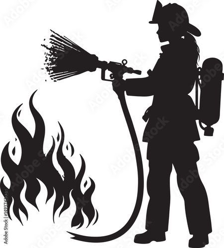 Firefighter silhouette extinguishing fire isolated on transparent background