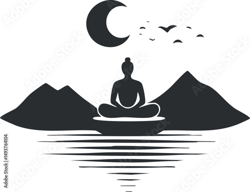 Silhouette of a person meditating in lotus position on water with mountain background under crescent moon and flying birds