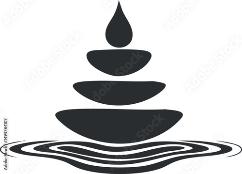Minimalist black and white zen symbol with stacked stones and water drop creating ripples for meditation and wellness