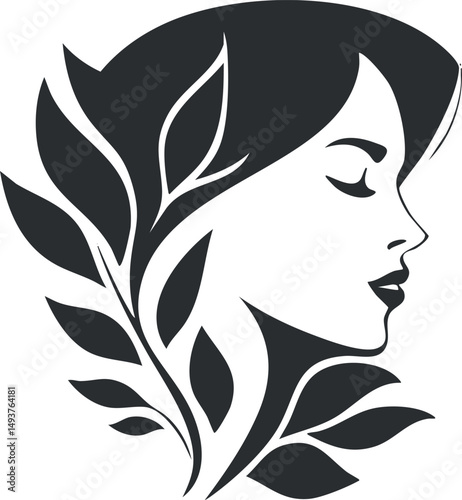 Silhouette of a woman's face in profile with leaves intertwined, symbolizing natural beauty and elegance.
