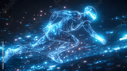 Futuristic glowing blue wireframe humanoid figure mid sprint composed of intricate neon digital line figure emits soft luminescent glow energy pulse radiating motion background sleek modern gradient