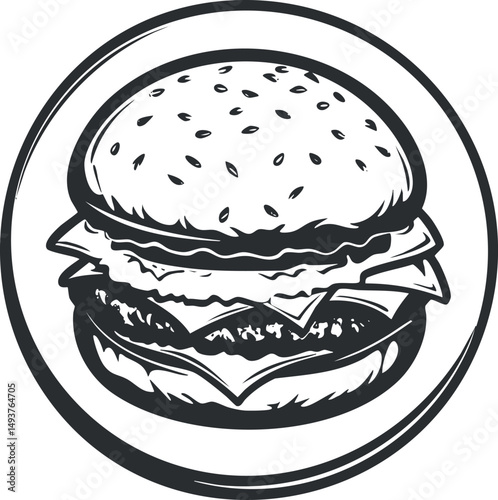 Black and white hand-drawn illustration of a classic cheeseburger with lettuce and sesame seed bun in a circular frame