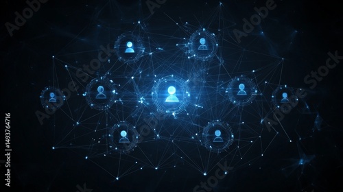 Digital network with connected user icons representing virtual communication system