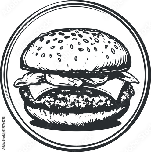 Black and white illustration of a classic hamburger with cheese and lettuce inside a seeded bun