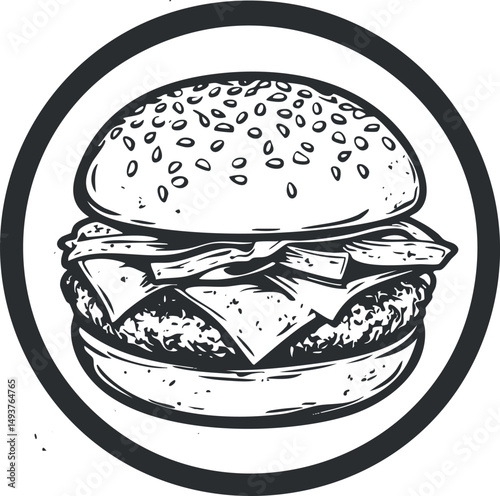 Black and white hand drawn cheeseburger illustration with sesame seed bun and cheese slice