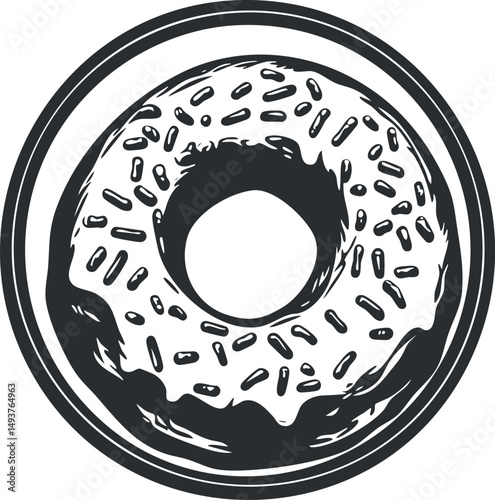 Black and white illustration of a donut with sprinkles and a bite taken out on a plate