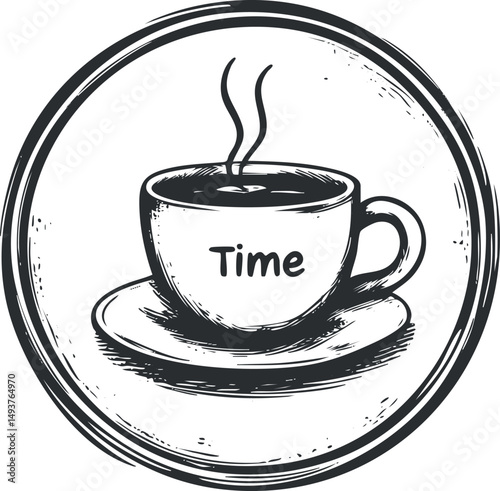 Black and white illustration of a steaming coffee cup with the word time on it inside a circular frame