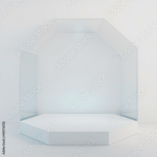 Minimalist 3d render of a white hexagonal podium and glass display enclosure for product presentation