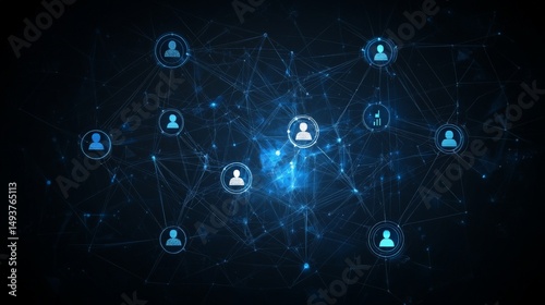 Digital network with connected user icons representing virtual communication system