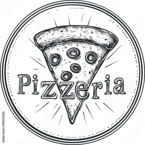 Black and white hand-drawn pizza slice logo with pizzeria text in circular vintage style badge