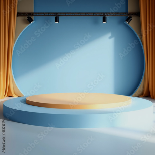 Minimalist 3d render of a product presentation stage with spotlights and golden curtains