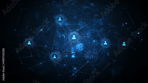 Digital network with connected user icons representing virtual communication system