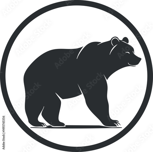 Silhouette of a walking bear inside a circular frame representing wildlife and nature