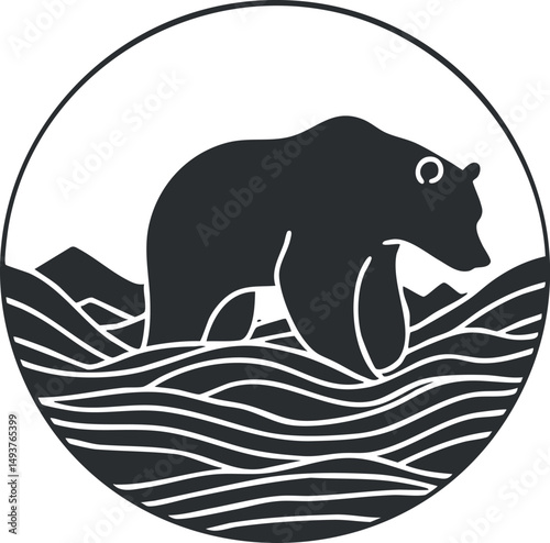 Silhouette of a bear walking through a river with mountains in the background inside a circle