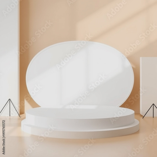 Minimalist 3d render of a white product podium stage with soft shadows and geometric shapes