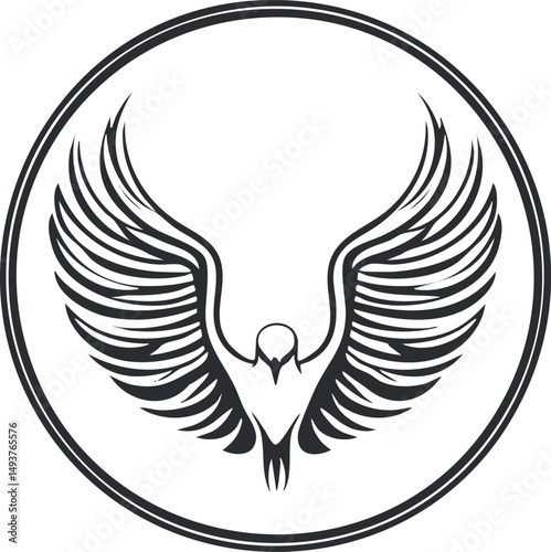 Black and white vector illustration of a bird with spread wings inside a circular frame symbolizing freedom and flight