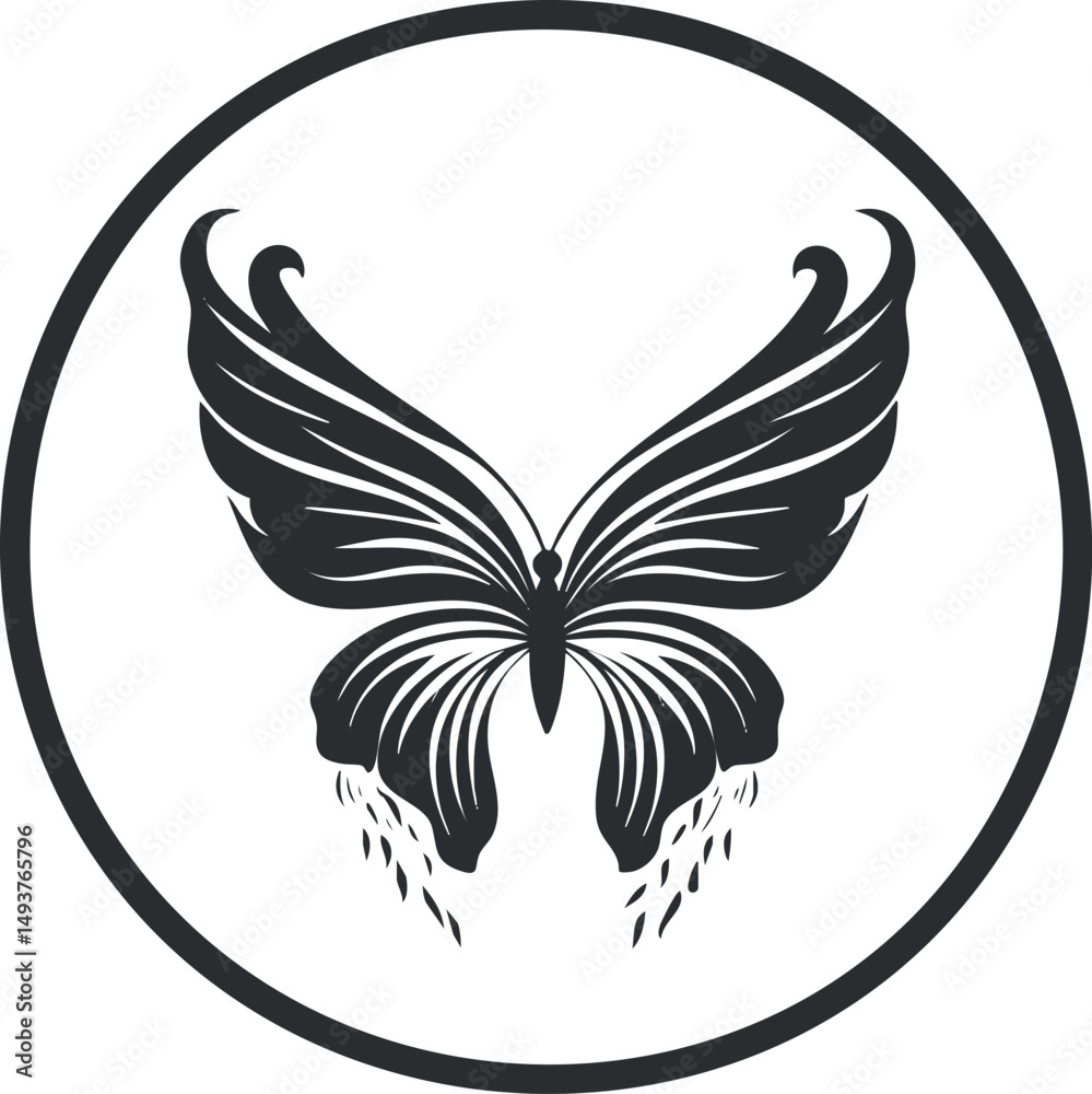 Fototapeta premium Black stylized butterfly wings silhouette in circular frame representing nature and beauty